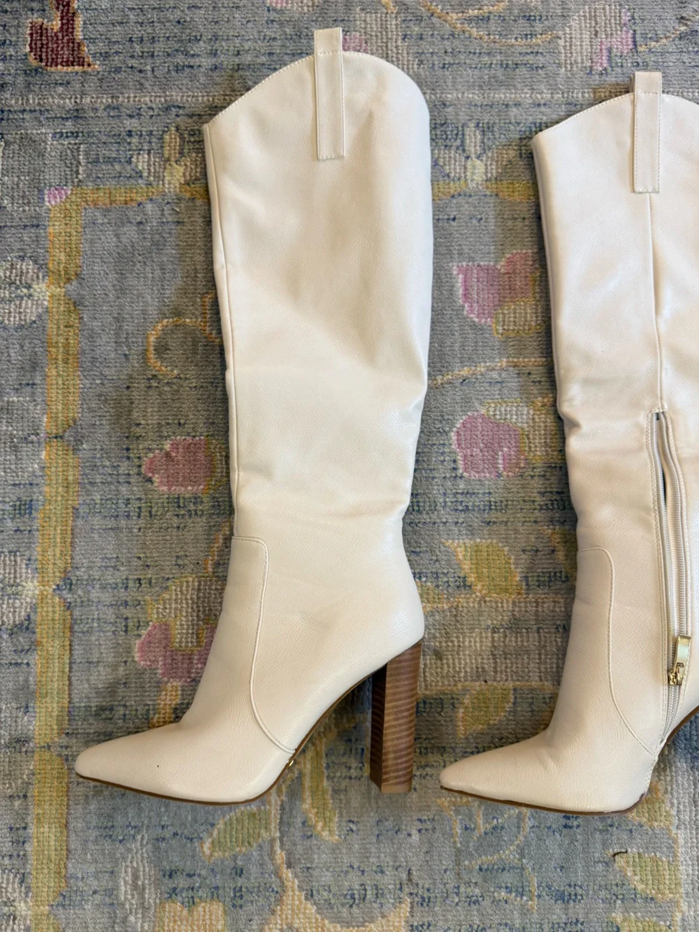 Kailani Cream Off White Leather Knee-High Stacked Heel Boots with Pointed Toe